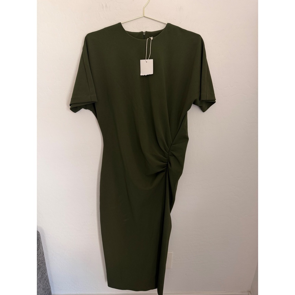 Zara Women Olive Green Side Knot Draped Midi Dress Short Sleeve Size Medium NWT